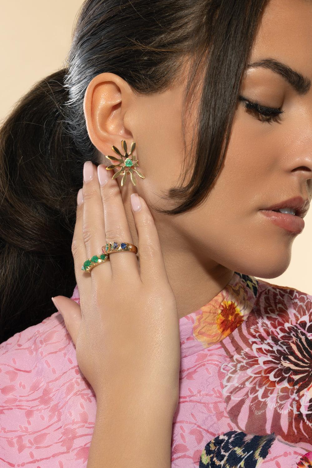 Emerald Half Moon Mandala Earrings-YELLOW GOLD-JEWELRYFINE JEWELEARRING-CAROL KAUFFMANN
