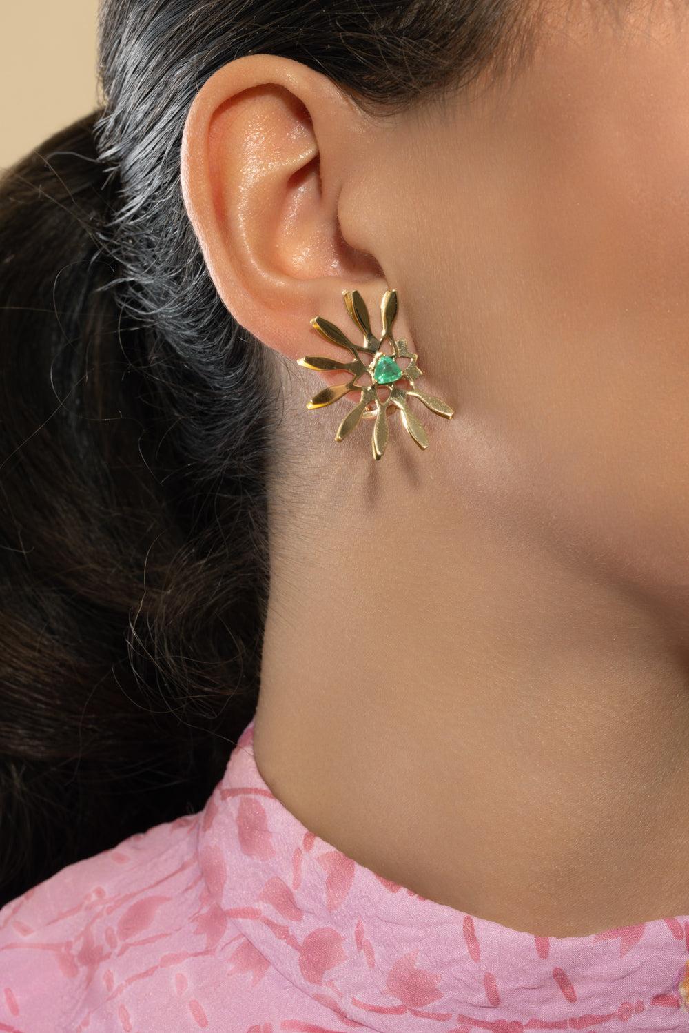 Emerald Half Moon Mandala Earrings-YELLOW GOLD-JEWELRYFINE JEWELEARRING-CAROL KAUFFMANN