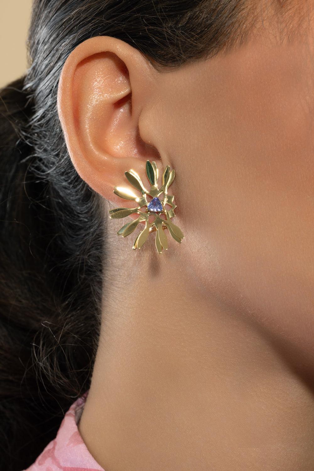 Tanzanite Half Moon Mandala Earrings-YELLOW GOLD-JEWELRYFINE JEWELEARRING-CAROL KAUFFMANN