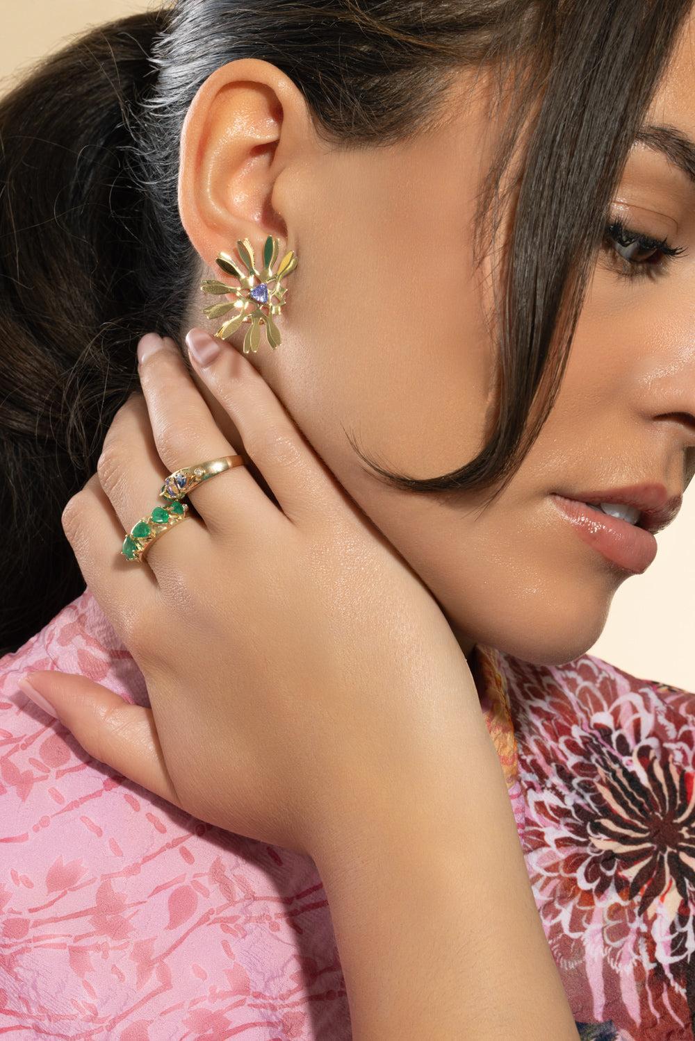 Tanzanite Half Moon Mandala Earrings-YELLOW GOLD-JEWELRYFINE JEWELEARRING-CAROL KAUFFMANN