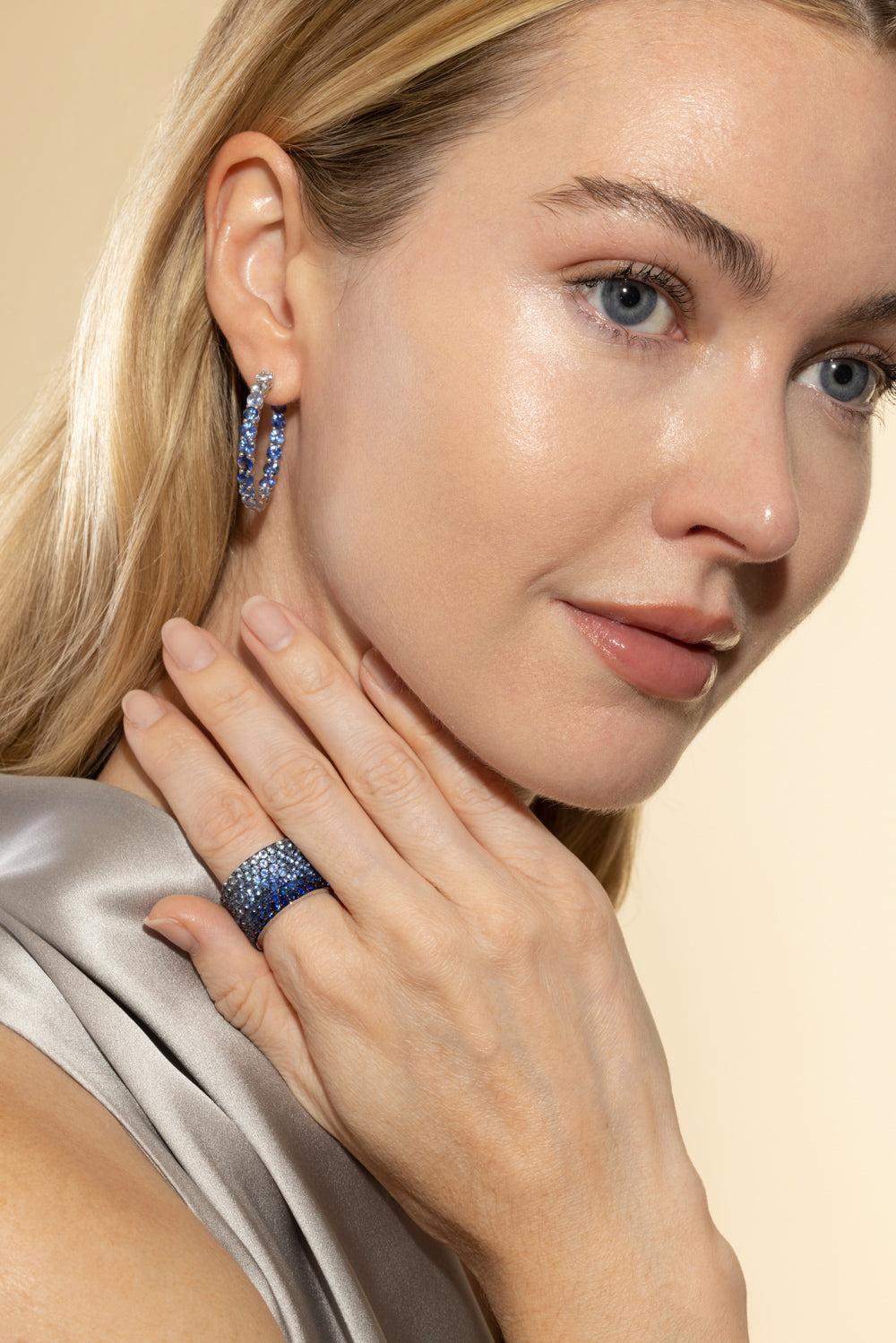 Blue Sapphire Diamond Hoop Earrings-WHITE GOLD-JEWELRYFINE JEWELEARRING-RUCHI NEW YORK