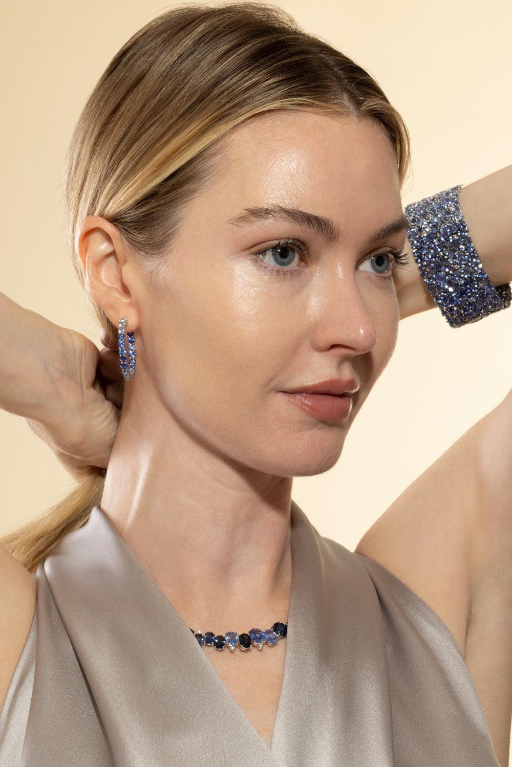 Blue Sapphire Diamond Hoop Earrings-WHITE GOLD-JEWELRYFINE JEWELEARRING-RUCHI NEW YORK