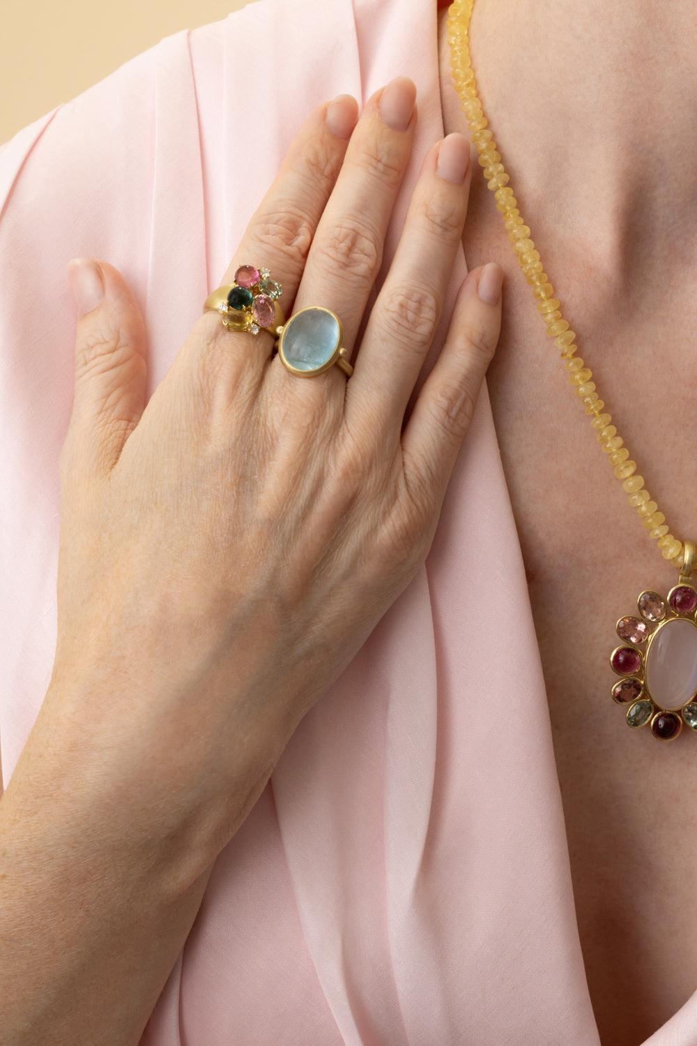 Tourmaline Sapphire Diamond Cluster Ring-YELLOW GOLD-7.5-JEWELRYFINE JEWELRING-LEIGH MAXWELL