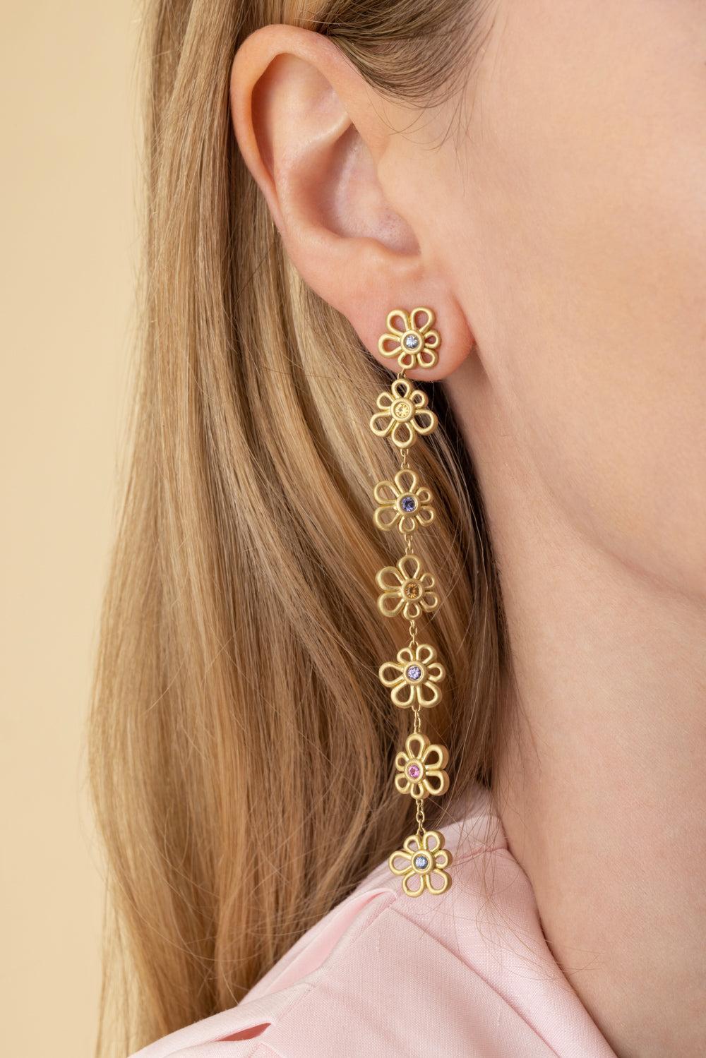 Multi Sapphire Flora Duster Earrings-YELLOW GOLD-JEWELRYFINE JEWELEARRING-LEIGH MAXWELL