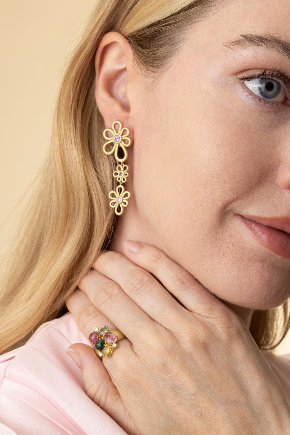Multi Sapphire Long Flora Earrings-YELLOW GOLD-JEWELRYFINE JEWELEARRING-LEIGH MAXWELL