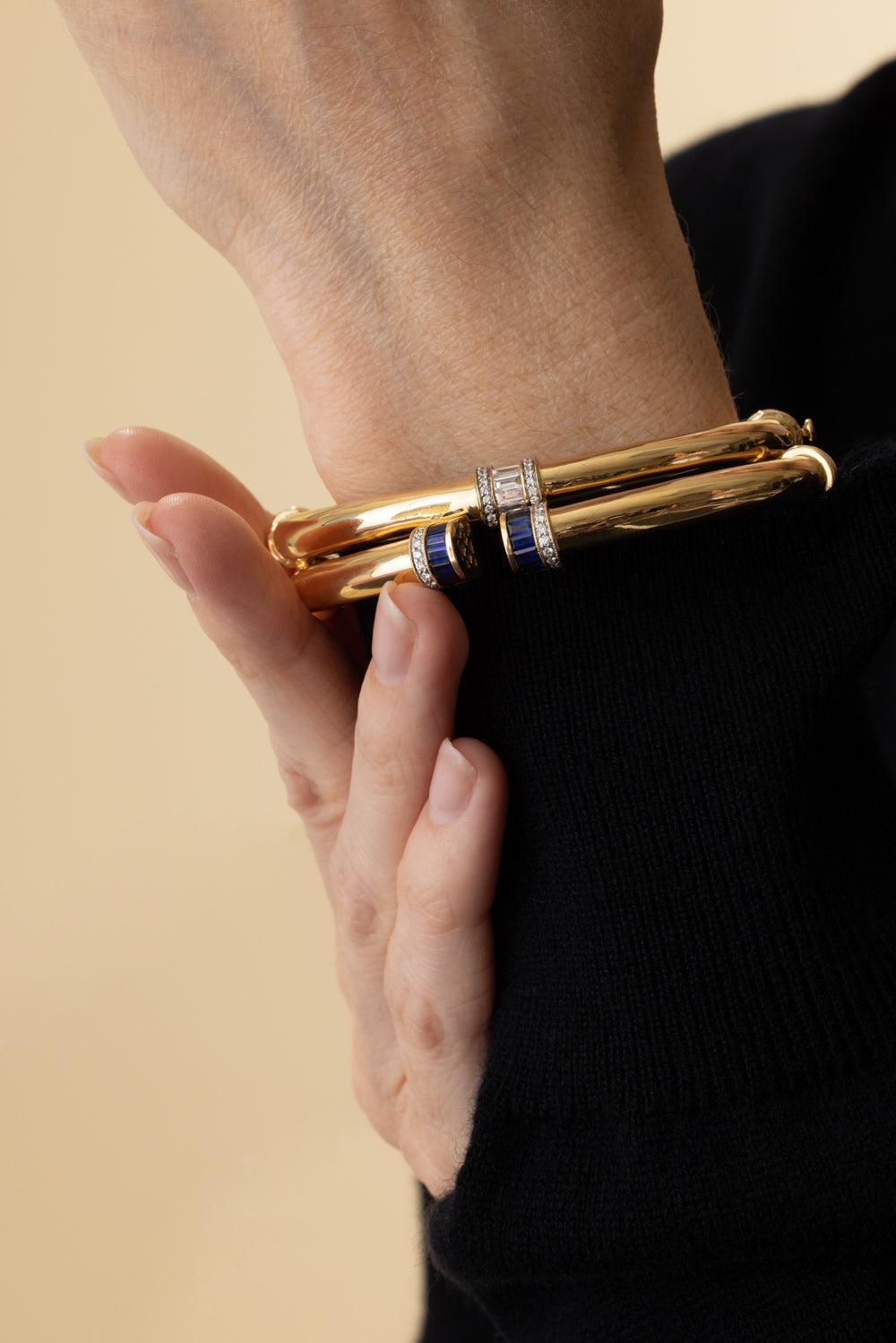 Blue Sapphire Diamond Open Paro Bracelet-YELLOW GOLD-JEWELRYFINE JEWELBRACELET O-MOKSH