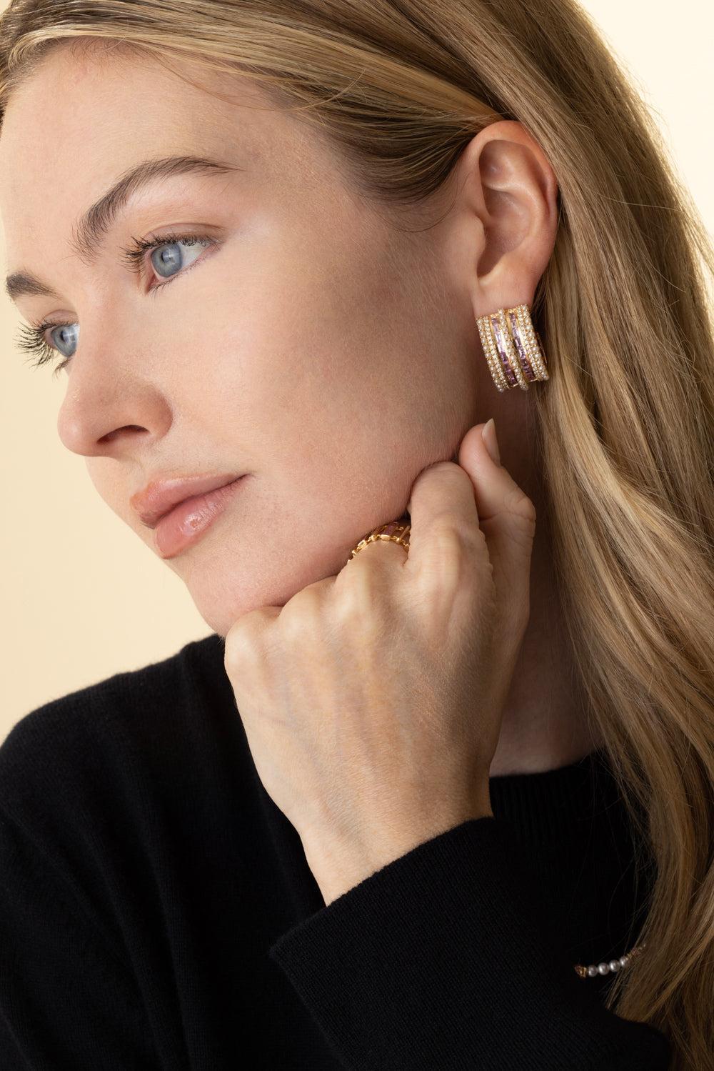 Pink Sapphire Pearl Kyoto J Hoop Earrings-YELLOW GOLD-JEWELRYFINE JEWELEARRING-MOKSH