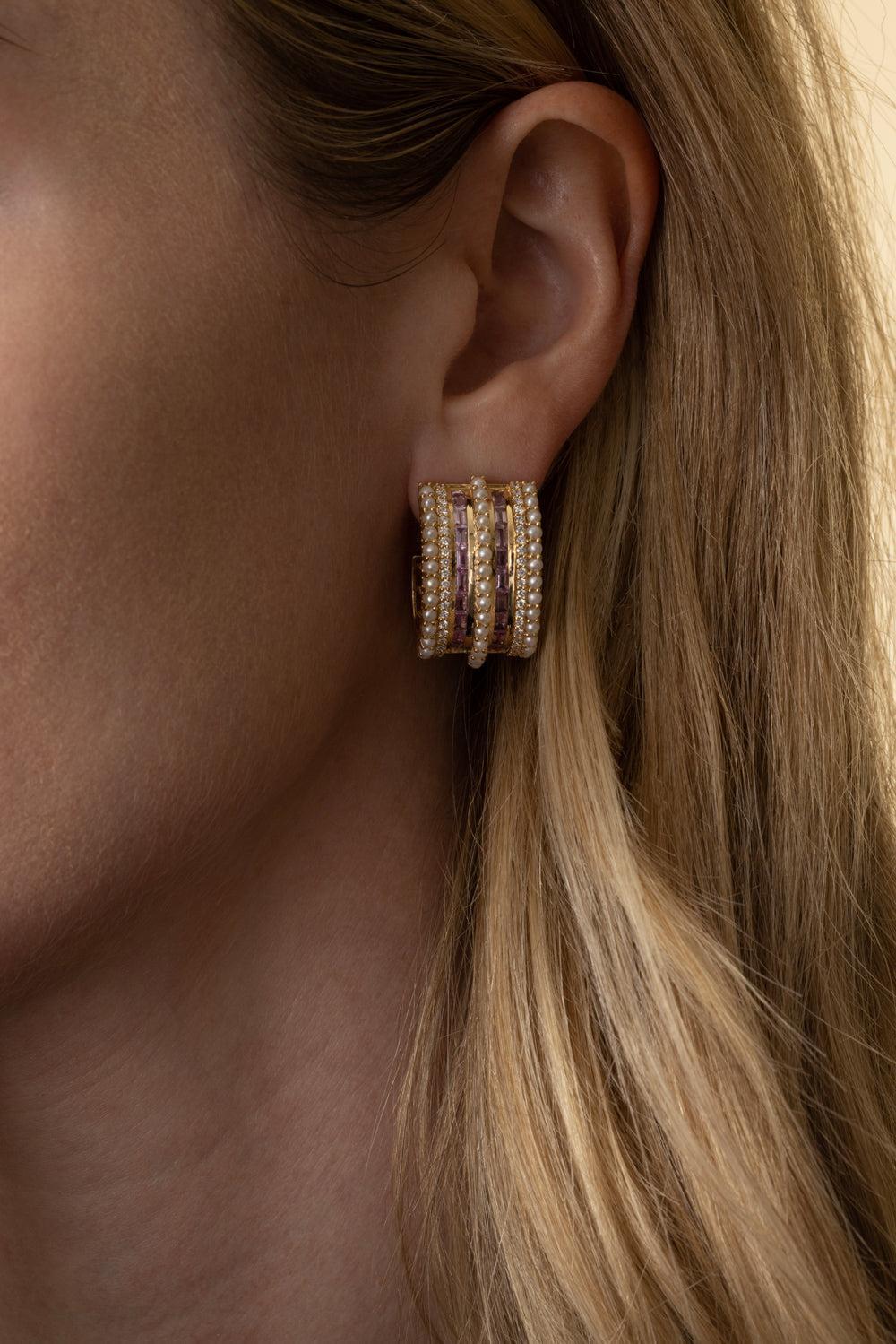 Pink Sapphire Pearl Kyoto J Hoop Earrings-YELLOW GOLD-JEWELRYFINE JEWELEARRING-MOKSH