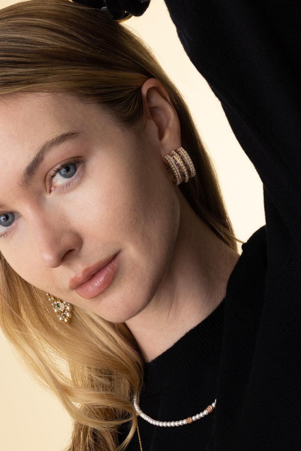 Pink Sapphire Pearl Kyoto J Hoop Earrings-YELLOW GOLD-JEWELRYFINE JEWELEARRING-MOKSH