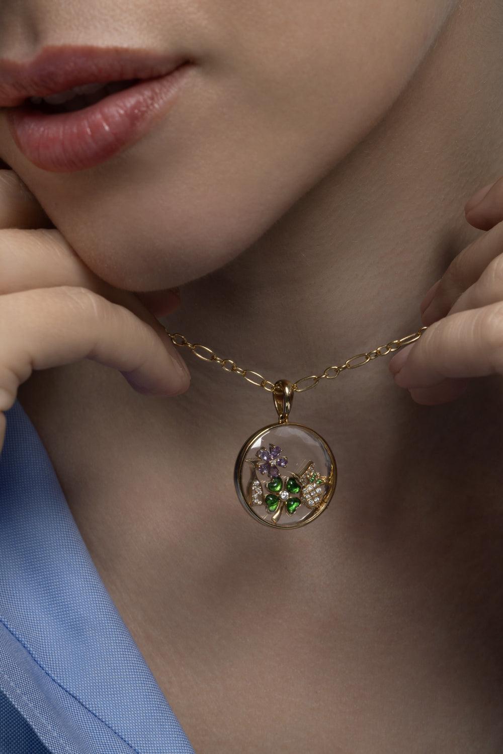  Pink Sapphire Diamond Blossom Flower Charm-YELLOW GOLD-JEWELRYFINE JEWELPENDANT-LOQUET 