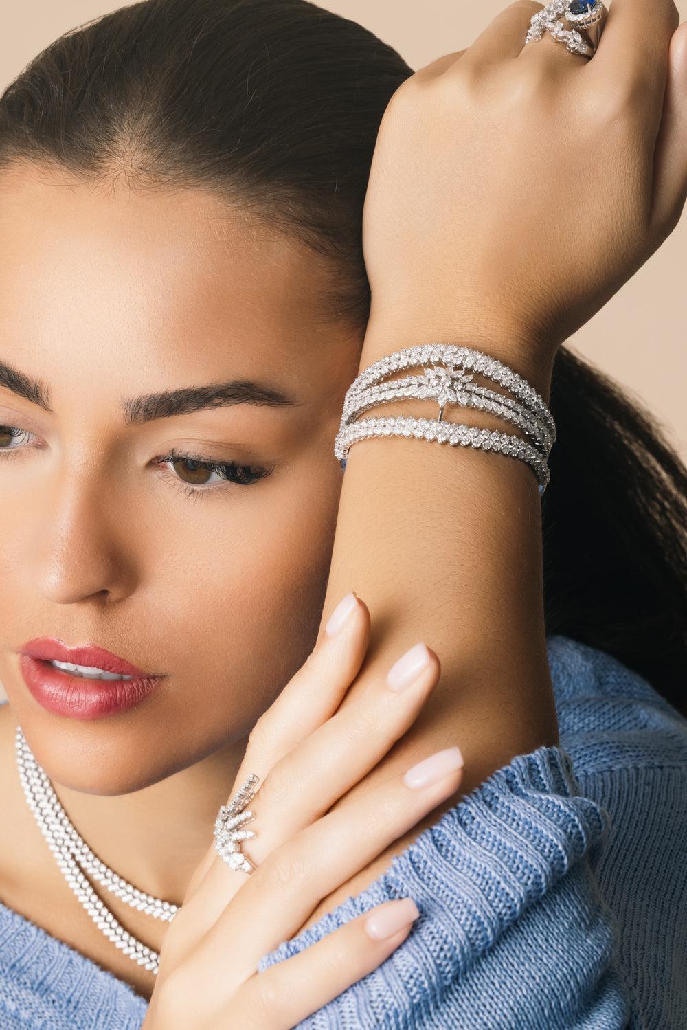 Diamond Three Row Y-Couture Cuff Bracelet-WHITE GOLD-JEWELRYFINE JEWELBRACELET O-YEPREM JEWELLERY