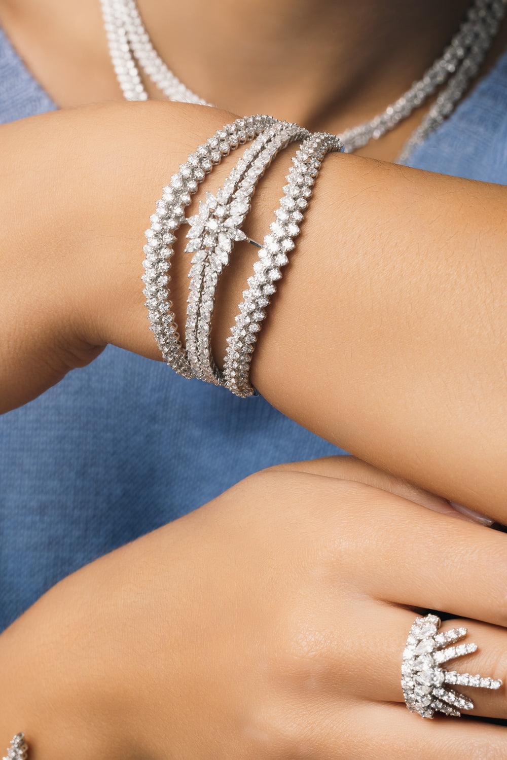 Diamond Three Row Y-Couture Cuff Bracelet-WHITE GOLD-JEWELRYFINE JEWELBRACELET O-YEPREM JEWELLERY