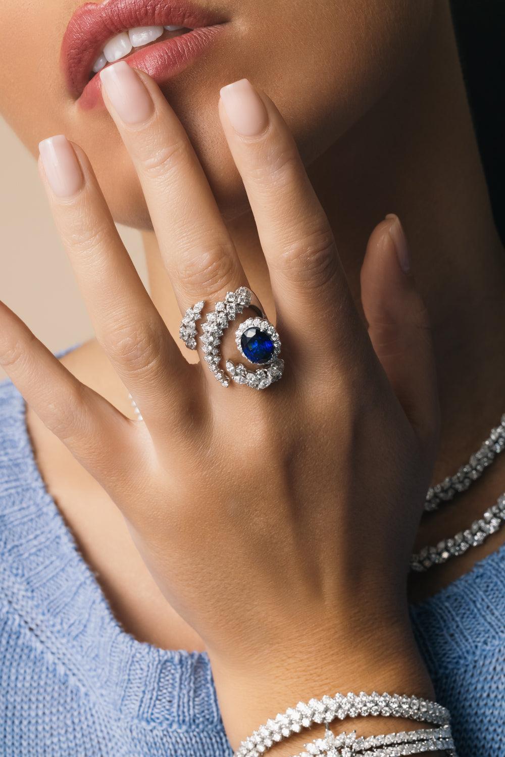 Blue Sapphire Diamond Three Curved Golden Strada Ring-WHITE GOLD-5.75-JEWELRYFINE JEWELRING-YEPREM JEWELLERY