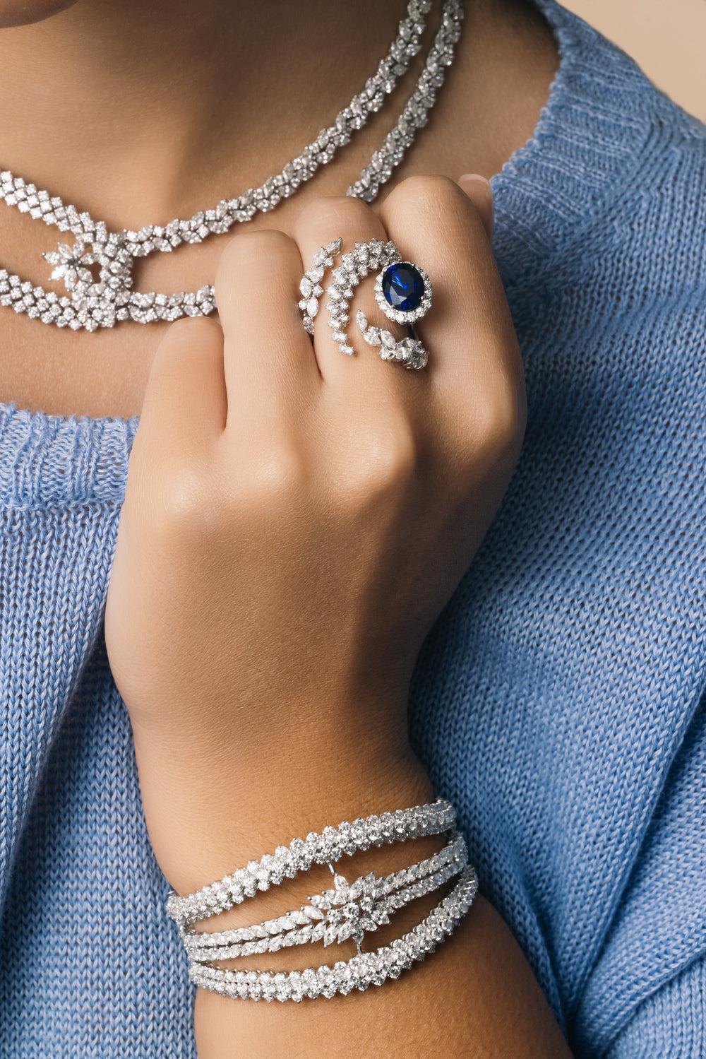 Blue Sapphire Diamond Three Curved Golden Strada Ring-WHITE GOLD-5.75-JEWELRYFINE JEWELRING-YEPREM JEWELLERY