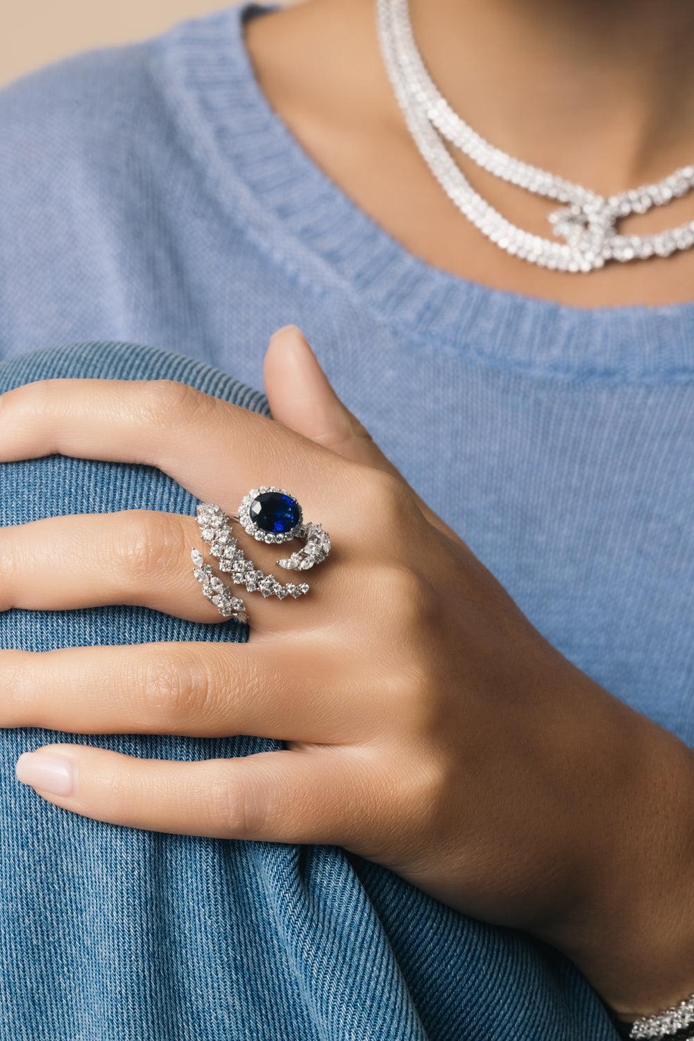 Blue Sapphire Diamond Three Curved Golden Strada Ring-WHITE GOLD-5.75-JEWELRYFINE JEWELRING-YEPREM JEWELLERY