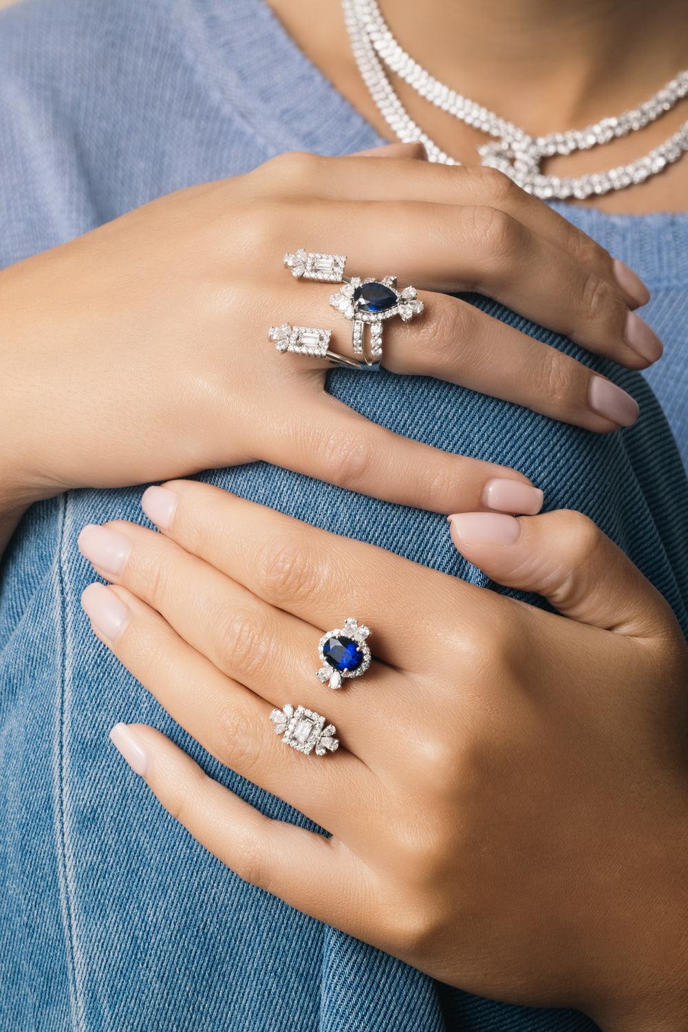 Blue Sapphire Diamond Statement Reign Ring-WHITE GOLD-5.75-JEWELRYFINE JEWELRING-YEPREM JEWELLERY