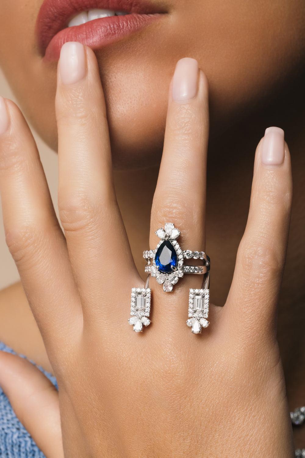 Blue Sapphire Diamond Statement Reign Ring-WHITE GOLD-5.75-JEWELRYFINE JEWELRING-YEPREM JEWELLERY