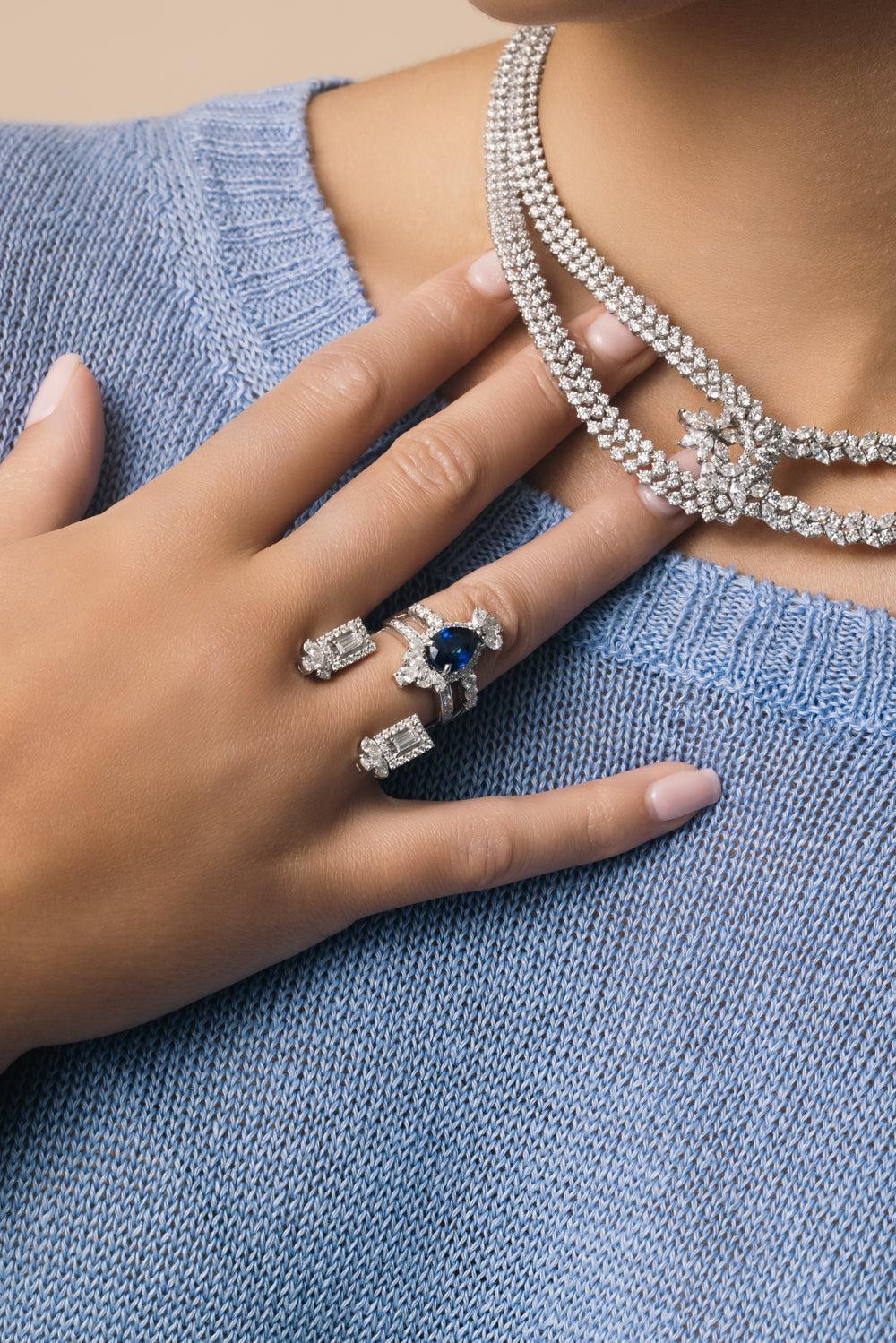 Blue Sapphire Diamond Statement Reign Ring-WHITE GOLD-5.75-JEWELRYFINE JEWELRING-YEPREM JEWELLERY