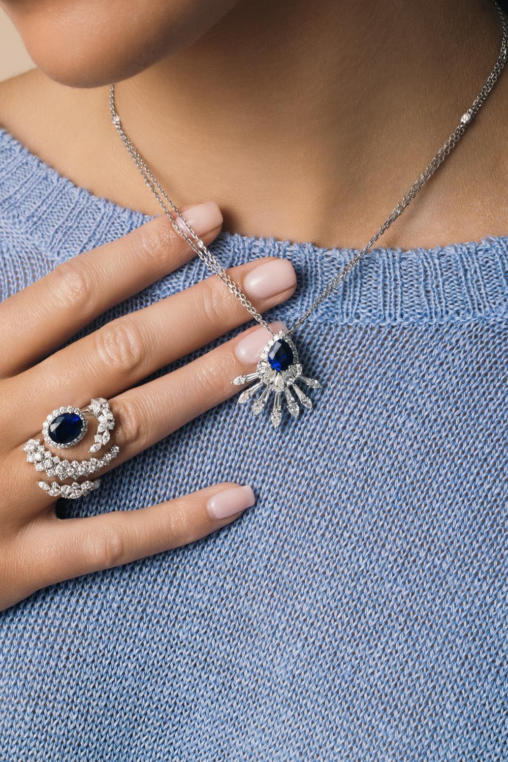 Blue Sapphire Diamond Reign Supreme Pendant Necklace-WHITE GOLD-JEWELRYFINE JEWELNECKLACE O-YEPREM JEWELLERY