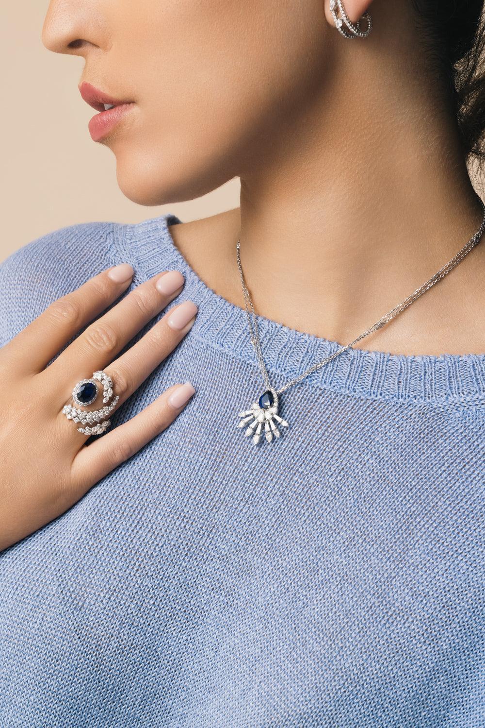 Blue Sapphire Diamond Reign Supreme Pendant Necklace-WHITE GOLD-JEWELRYFINE JEWELNECKLACE O-YEPREM JEWELLERY