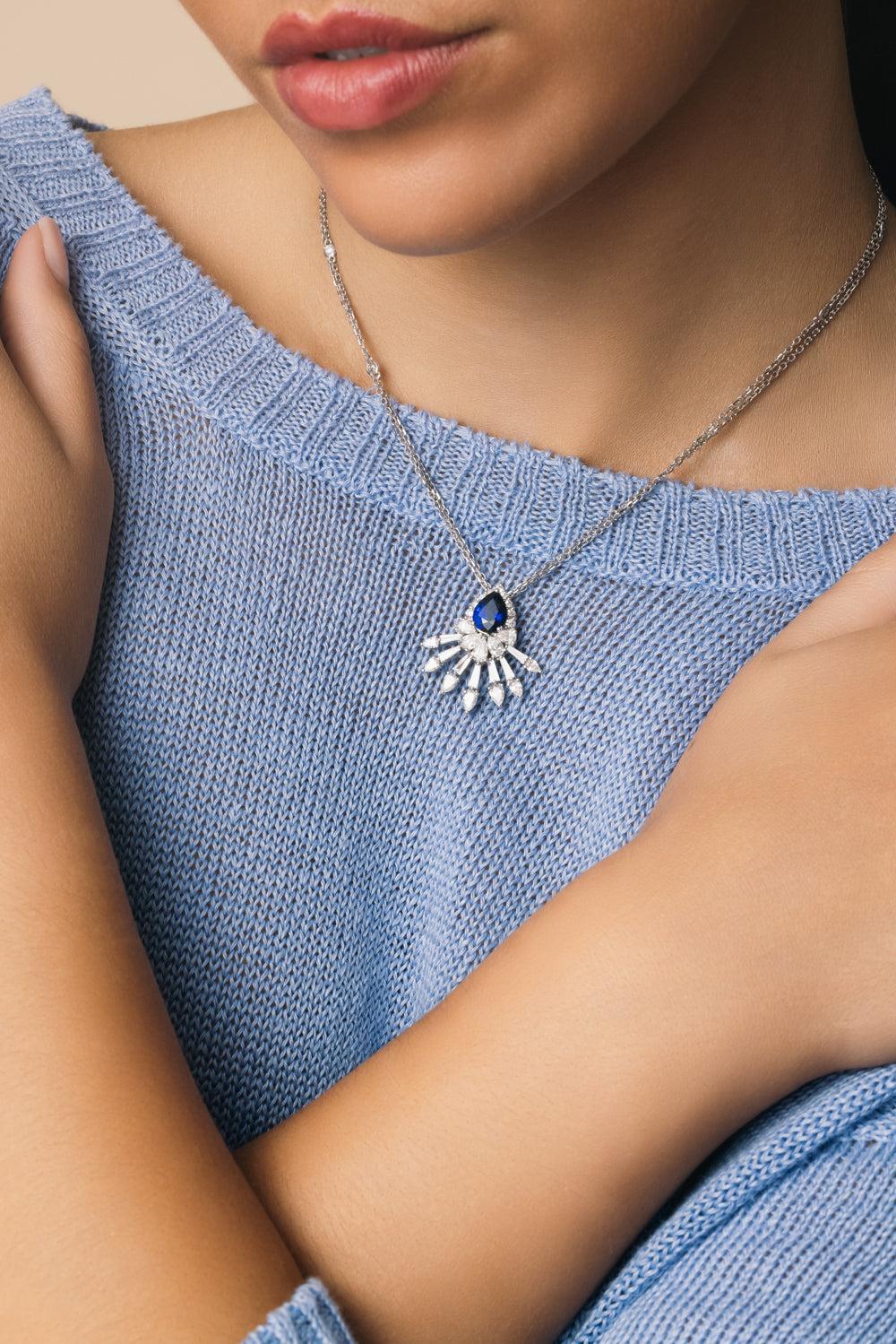 Blue Sapphire Diamond Reign Supreme Pendant Necklace-WHITE GOLD-JEWELRYFINE JEWELNECKLACE O-YEPREM JEWELLERY
