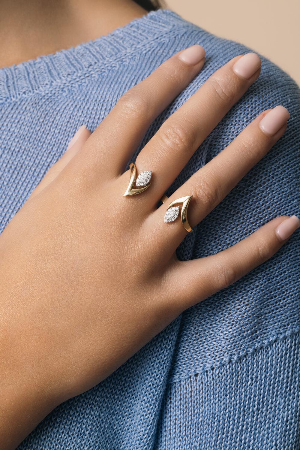 Diamond Marquise Double Finger Golden Strada Ring-YELLOW GOLD-7-JEWELRYFINE JEWELRING-YEPREM JEWELLERY