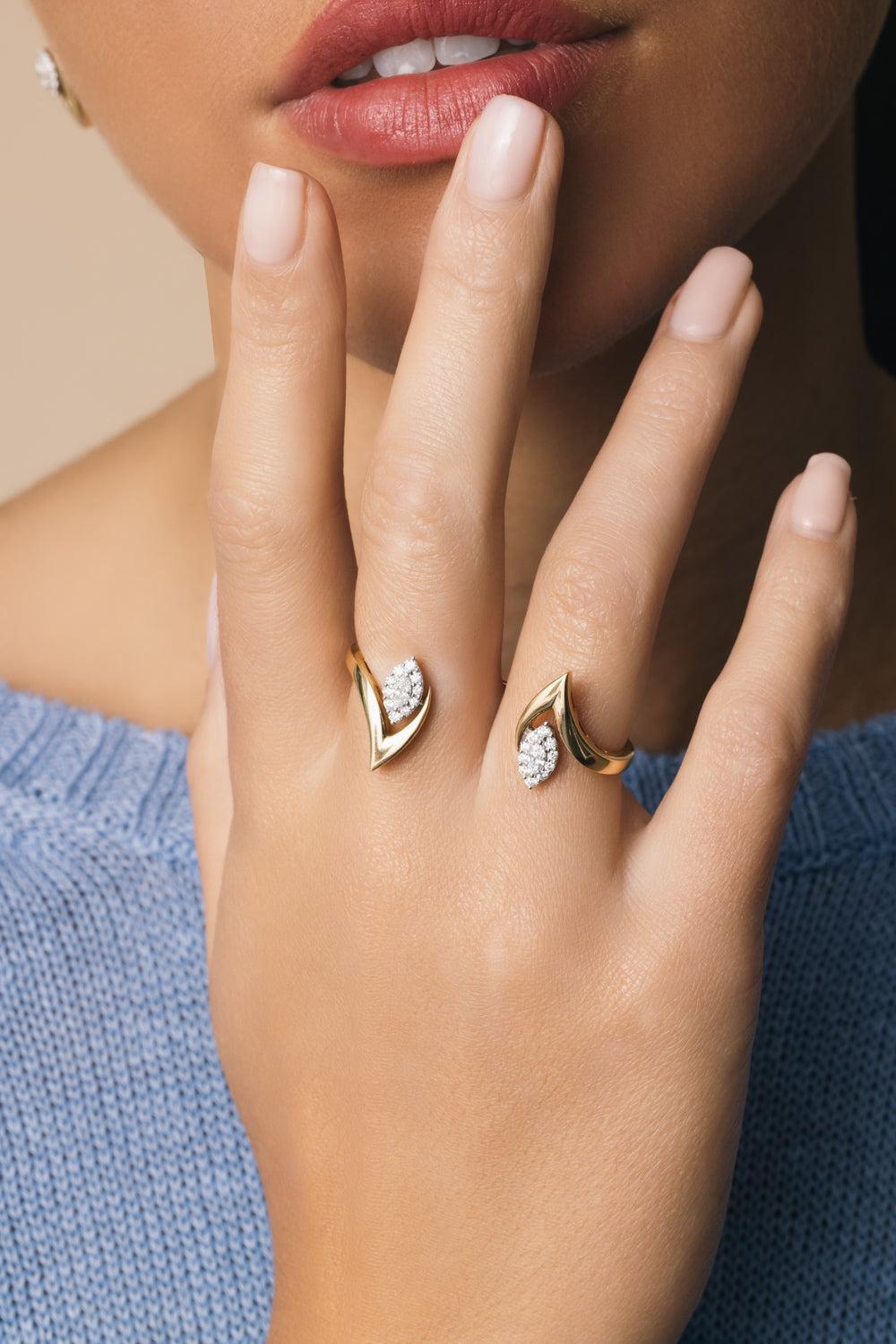 Diamond Marquise Double Finger Golden Strada Ring-YELLOW GOLD-7-JEWELRYFINE JEWELRING-YEPREM JEWELLERY