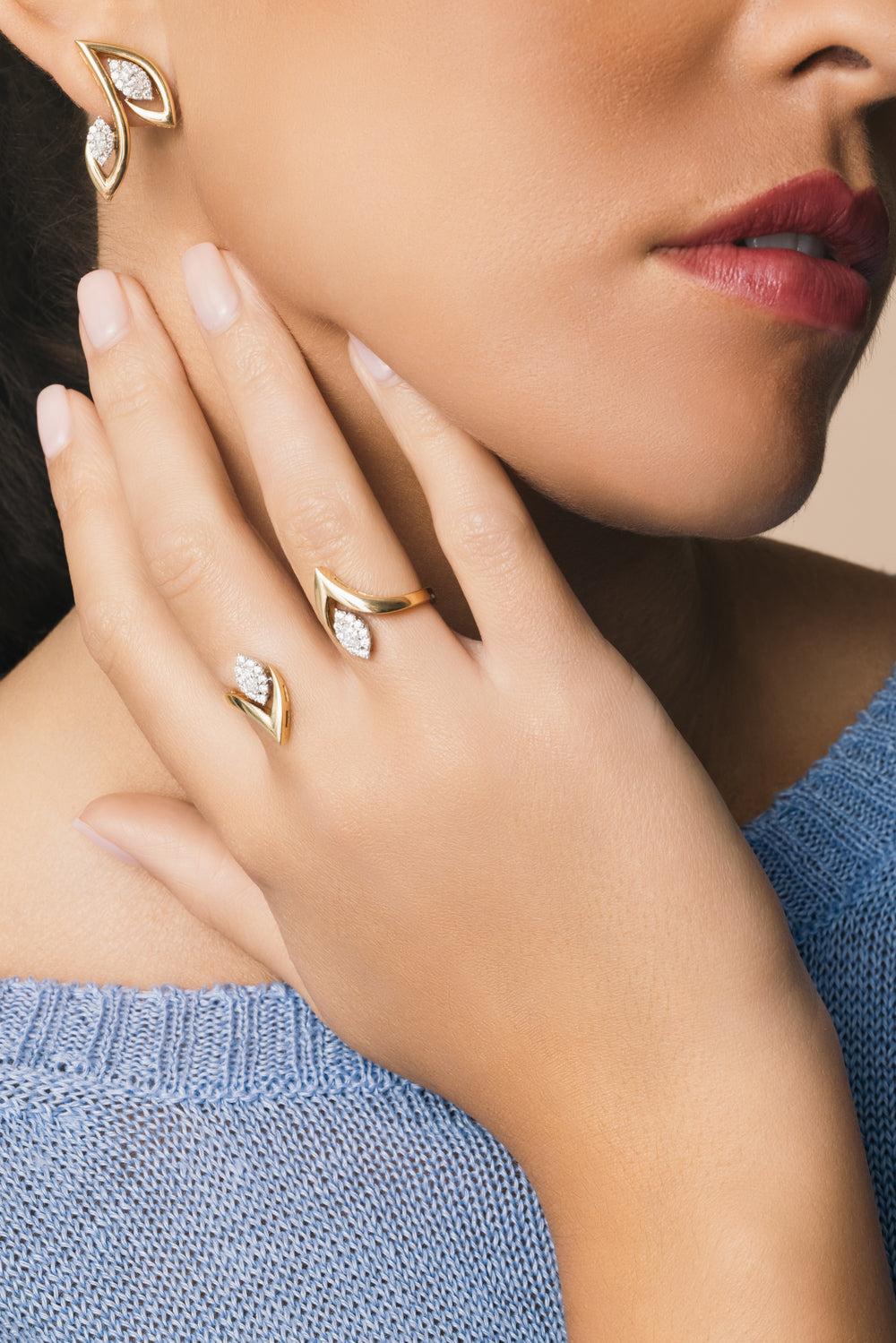 Diamond Marquise Double Finger Golden Strada Ring-YELLOW GOLD-7-JEWELRYFINE JEWELRING-YEPREM JEWELLERY
