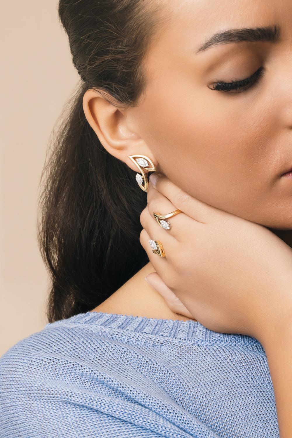 Diamond Marquise Pointed Golden Strada Earrings-YELLOW GOLD-JEWELRYFINE JEWELEARRING-YEPREM JEWELLERY