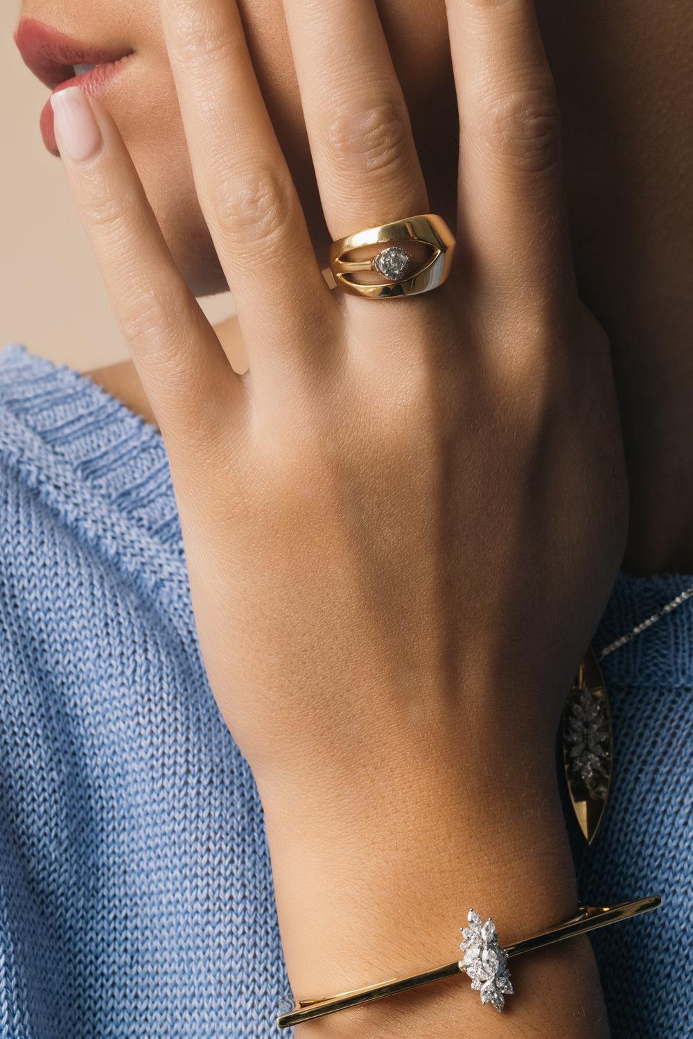 Diamond Floating Wide Band Golden Strada Ring-YELLOW GOLD-6.5-JEWELRYFINE JEWELRING-YEPREM JEWELLERY