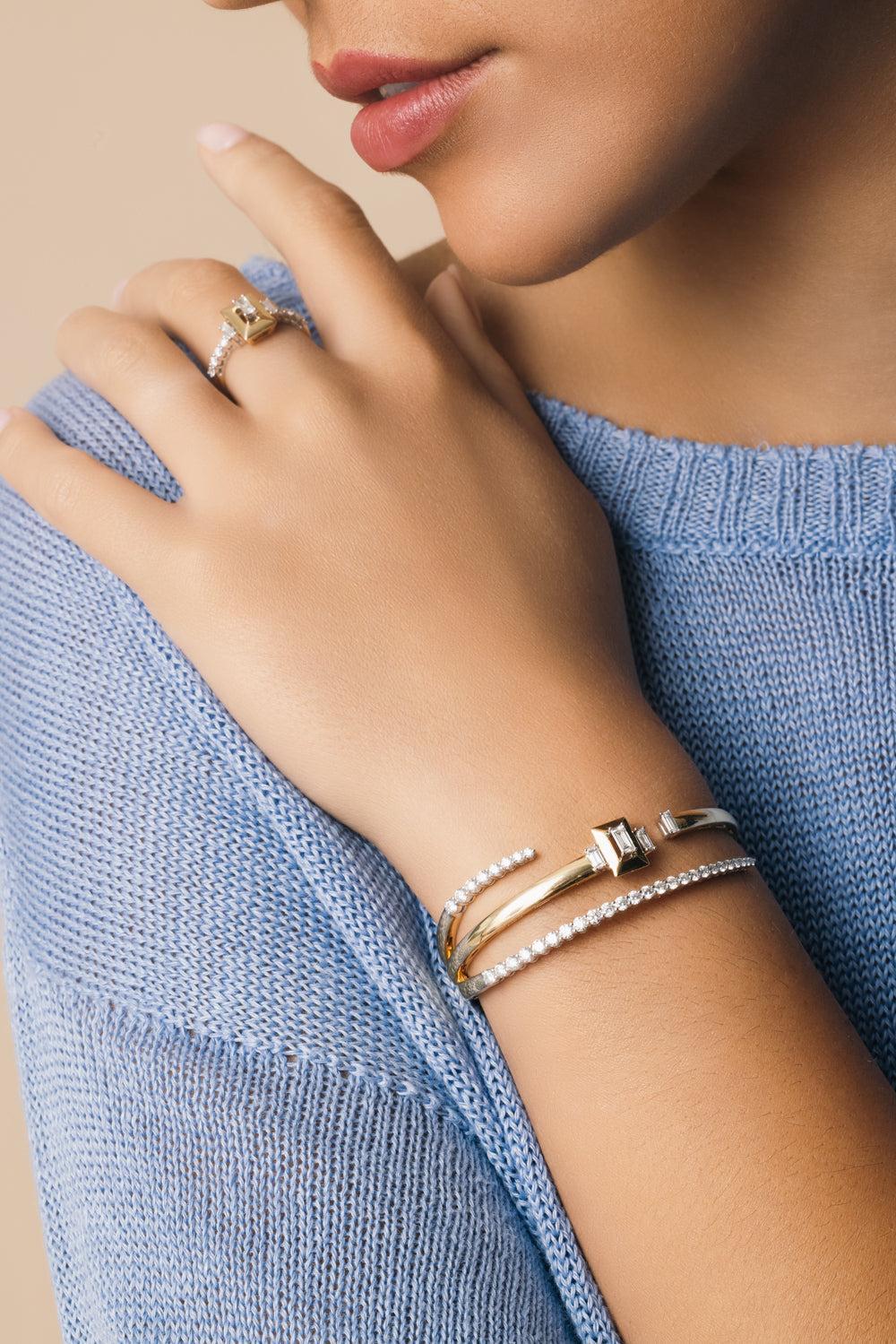 Diamond Round Baguette Golden Strada Bracelet-YELLOW GOLD-JEWELRYFINE JEWELBRACELET O-YEPREM JEWELLERY