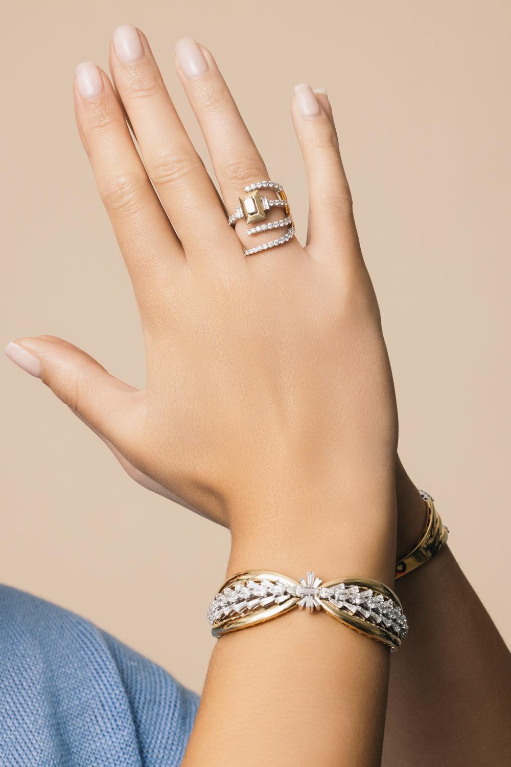 Diamond Three Open Band Golden Strada Ring-YELLOW GOLD-5.5-JEWELRYFINE JEWELRING-YEPREM JEWELLERY