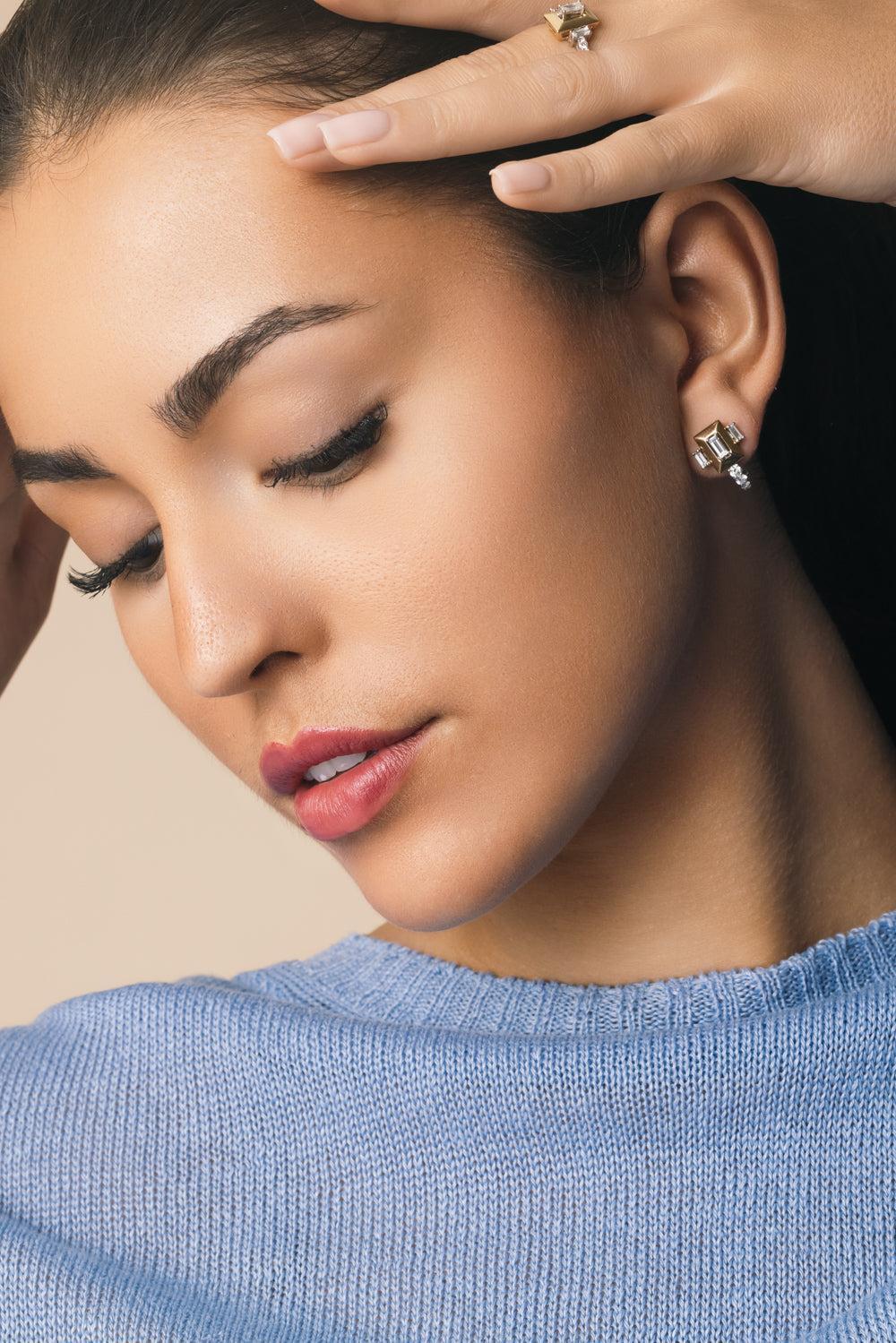 Diamond Baguette Golden Strada Earrings-YELLOW GOLD-JEWELRYFINE JEWELEARRING-YEPREM JEWELLERY