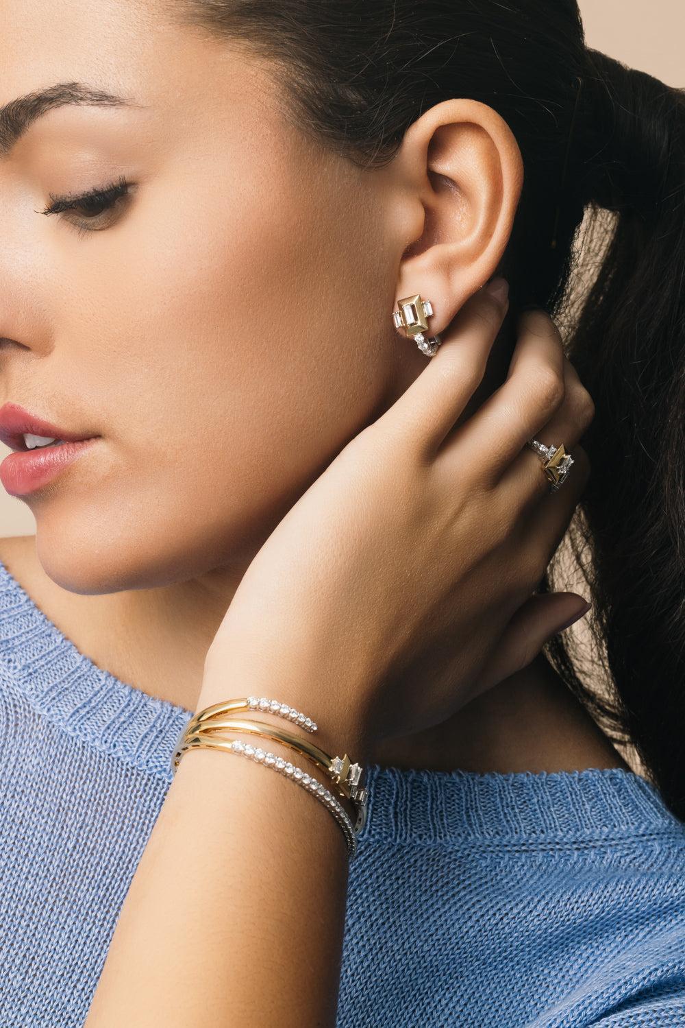 Diamond Baguette Golden Strada Earrings-YELLOW GOLD-JEWELRYFINE JEWELEARRING-YEPREM JEWELLERY