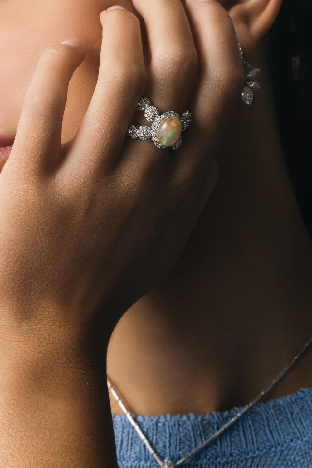 Opal and Diamond X Ring-WHITE GOLD-6.5-JEWELRYFINE JEWELRING-YEPREM JEWELLERY