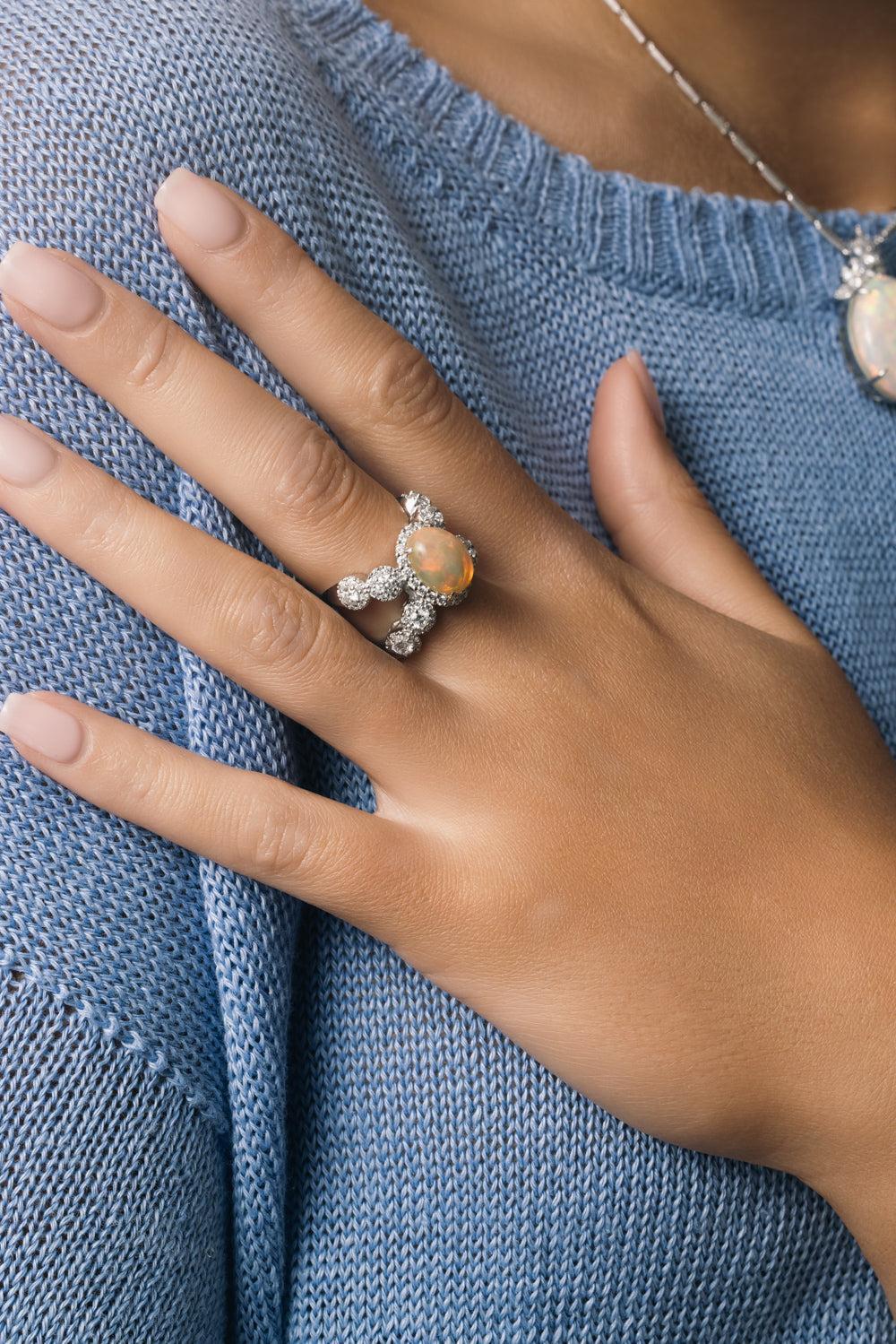 Opal and Diamond X Ring-WHITE GOLD-6.5-JEWELRYFINE JEWELRING-YEPREM JEWELLERY