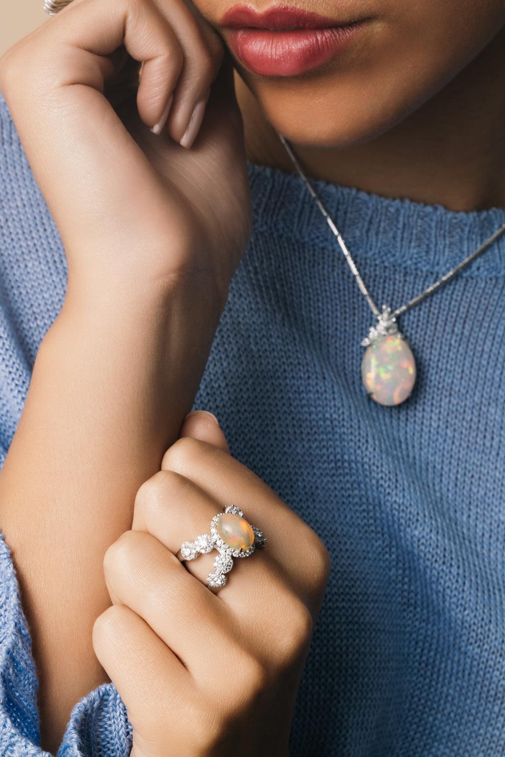 Opal and Diamond X Ring-WHITE GOLD-6.5-JEWELRYFINE JEWELRING-YEPREM JEWELLERY