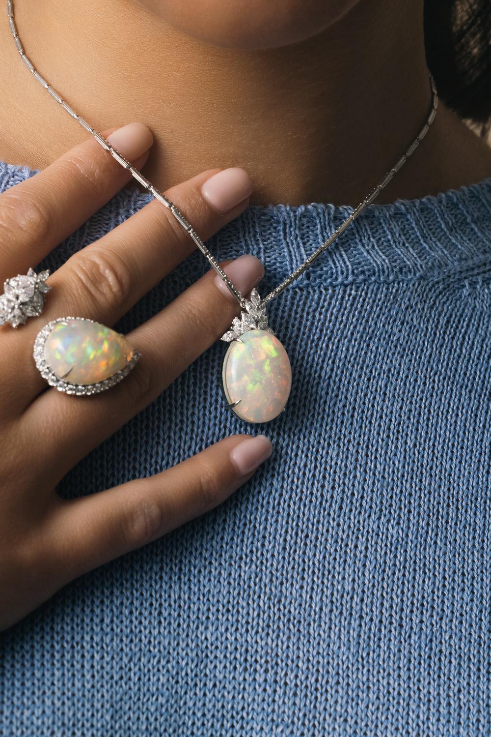 Opal Diamond Pendant Reign Necklace-WHITE GOLD-JEWELRYFINE JEWELNECKLACE O-YEPREM JEWELLERY