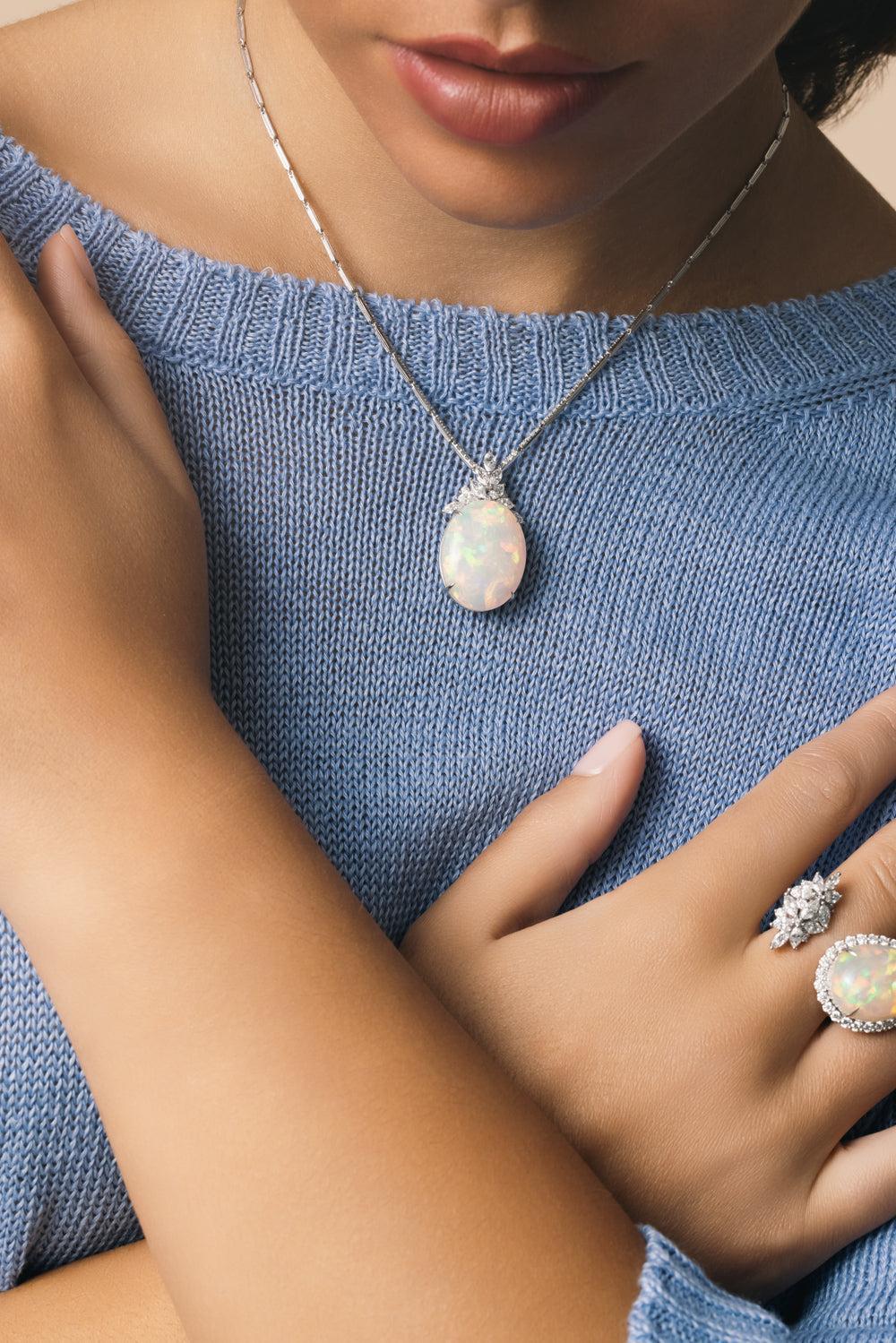 Opal Diamond Pendant Reign Necklace-WHITE GOLD-JEWELRYFINE JEWELNECKLACE O-YEPREM JEWELLERY