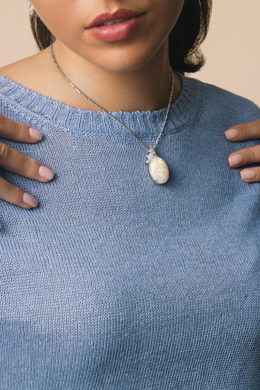 Opal Diamond Pendant Reign Necklace-WHITE GOLD-JEWELRYFINE JEWELNECKLACE O-YEPREM JEWELLERY