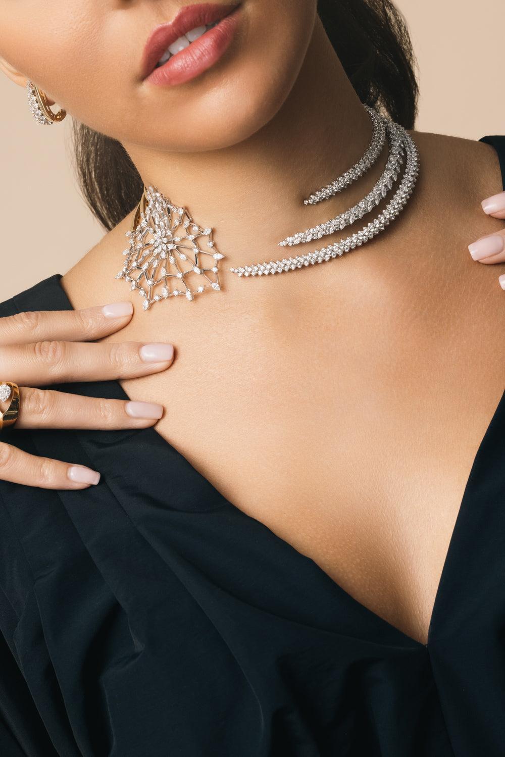 Diamond Three Tier Web Collar Golden Strada Necklace-YELLOW GOLD-JEWELRYFINE JEWELNECKLACE O-YEPREM JEWELLERY