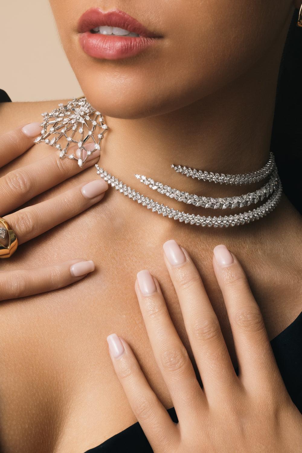 Diamond Three Tier Web Collar Golden Strada Necklace-YELLOW GOLD-JEWELRYFINE JEWELNECKLACE O-YEPREM JEWELLERY