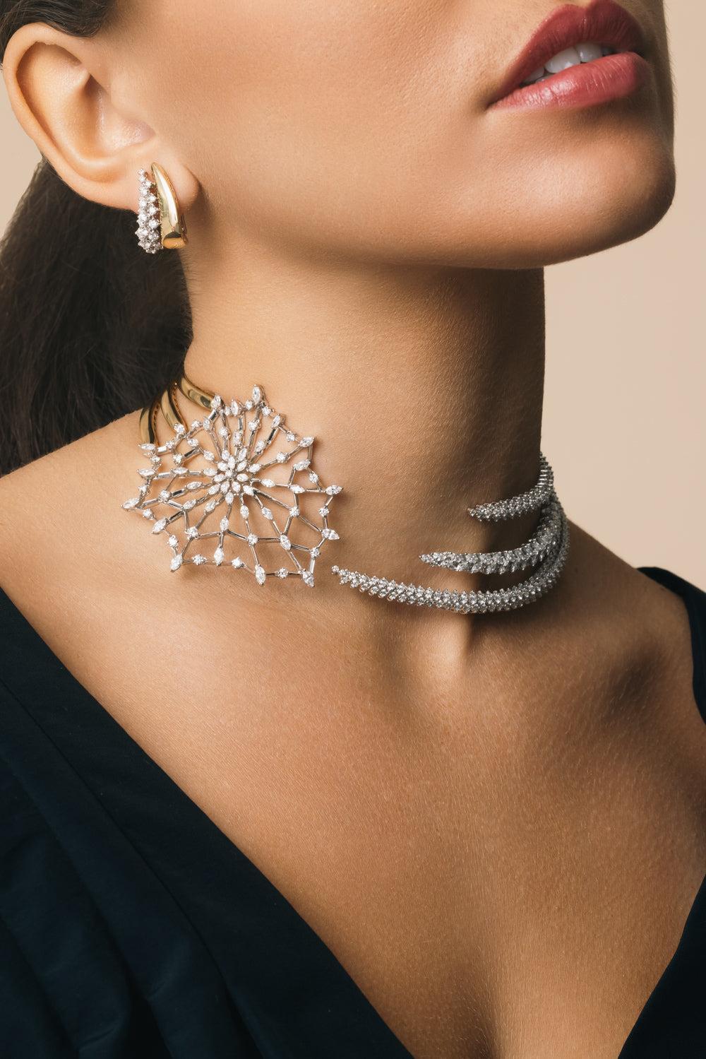 Diamond Three Tier Web Collar Golden Strada Necklace-YELLOW GOLD-JEWELRYFINE JEWELNECKLACE O-YEPREM JEWELLERY