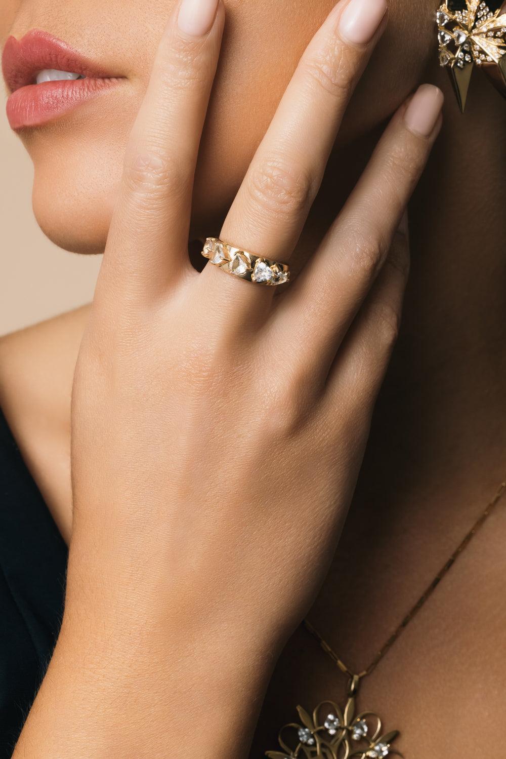 White Sapphire Diamond Mandala Domino Ring-YELLOW GOLD-7.25-JEWELRYFINE JEWELRING-CAROL KAUFFMANN