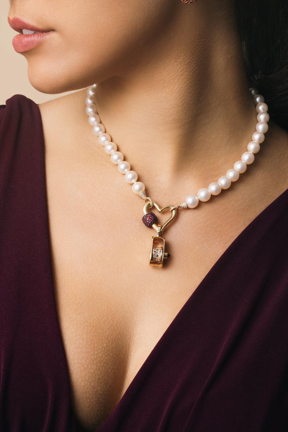 Ruby Stoned Free Form Heart Lock Pendant-YELLOW GOLD-JEWELRYFINE JEWELPENDANT-MARLA AARON