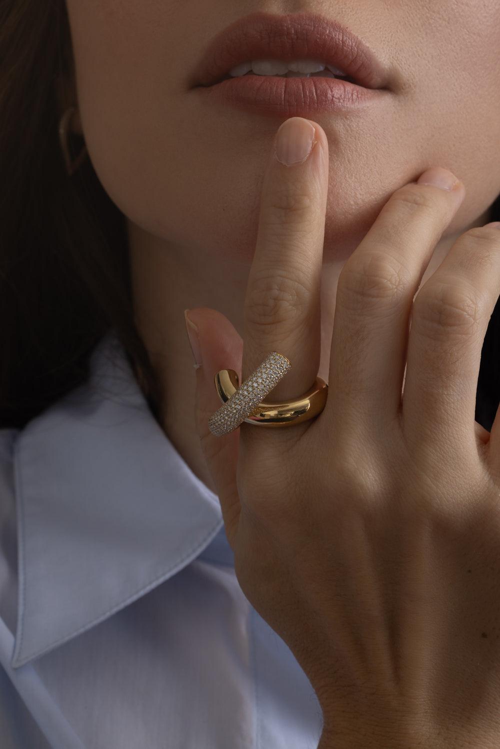 Medium Half Pave Diamond Cross Loop Ring-WHITE GOLD-7.5-JEWELRYFINE JEWELRING-ENGELBERT 1920