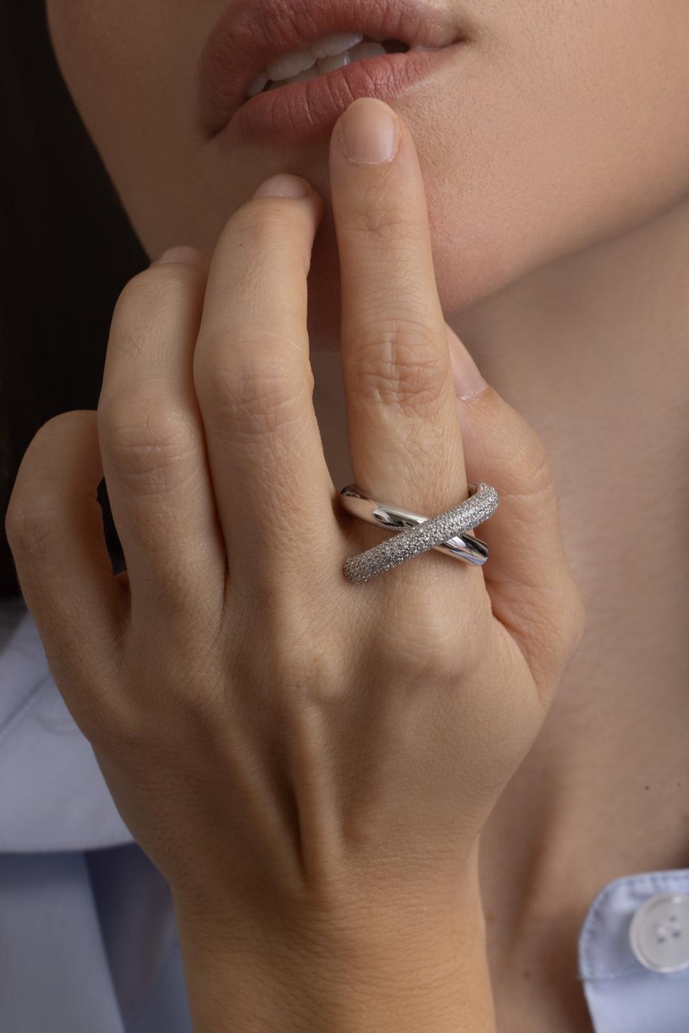 Big Half Pave Diamond Cross Loop Ring-YELLOW GOLD-6.5-JEWELRYFINE JEWELRING-ENGELBERT 1920