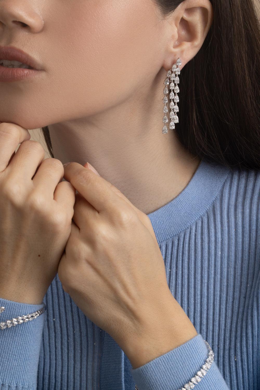 Diamond Three Strand Drop Earrings-WHITE GOLD-JEWELRYFINE JEWELEARRING-ARZANO