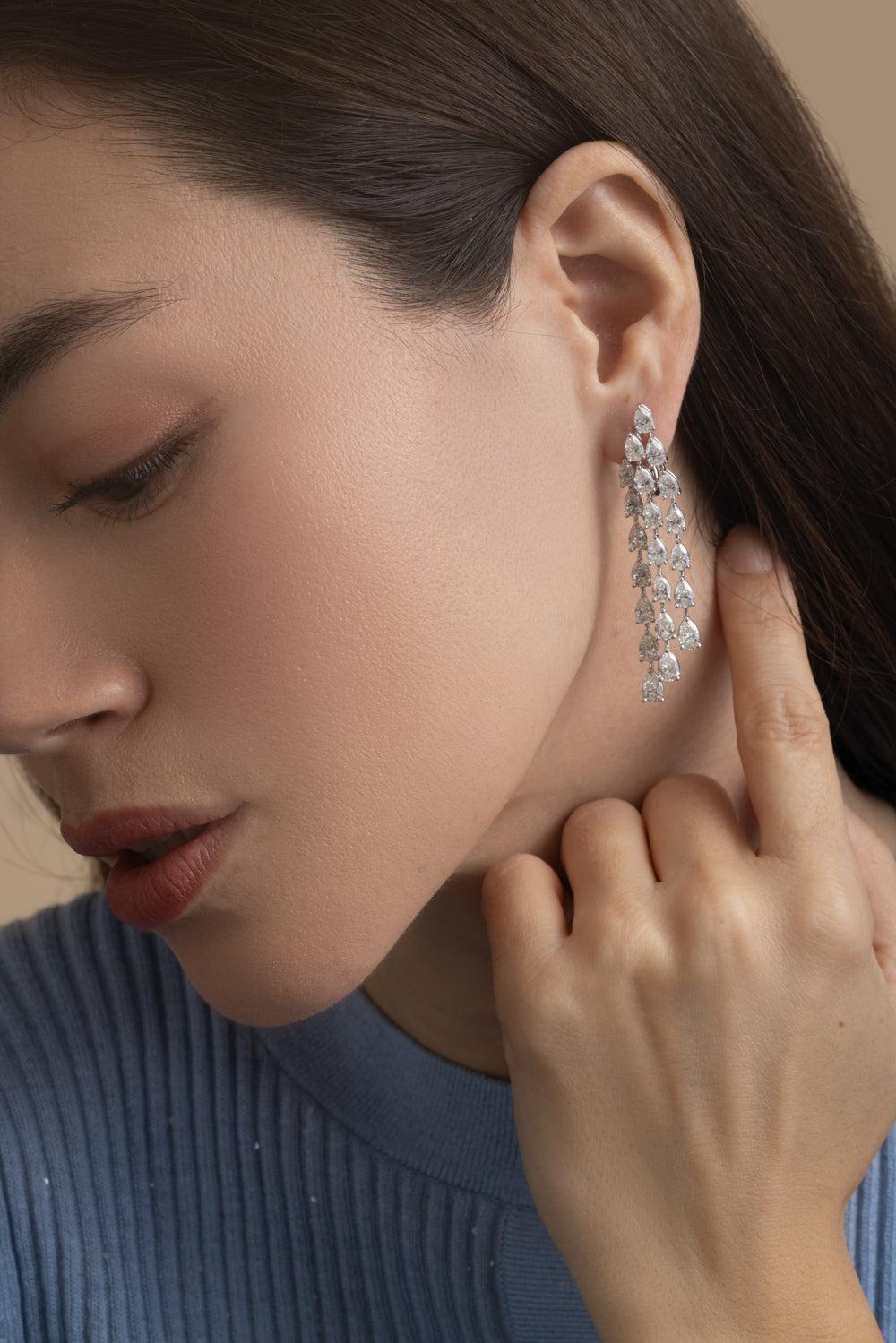 Diamond Three Strand Drop Earrings-WHITE GOLD-JEWELRYFINE JEWELEARRING-ARZANO