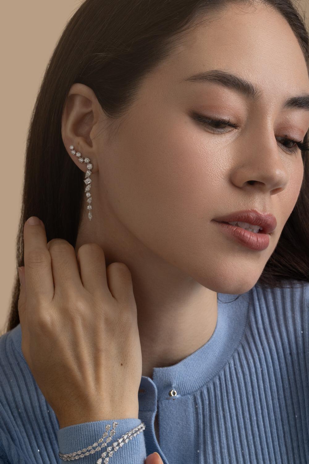 Mixed Cut Diamond Drop Earrings-WHITE GOLD-JEWELRYFINE JEWELEARRING-ARZANO